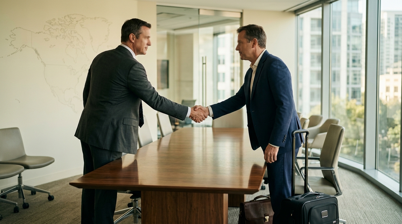 A handshake between an international brand executive and a North American host